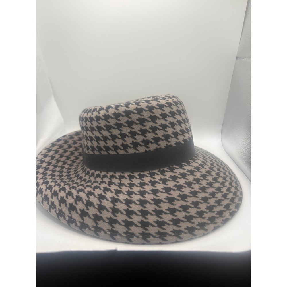 Callanan Millinery Wool Fedora Hat Houndstooth Grey Black Lace Buckle Wide Brim